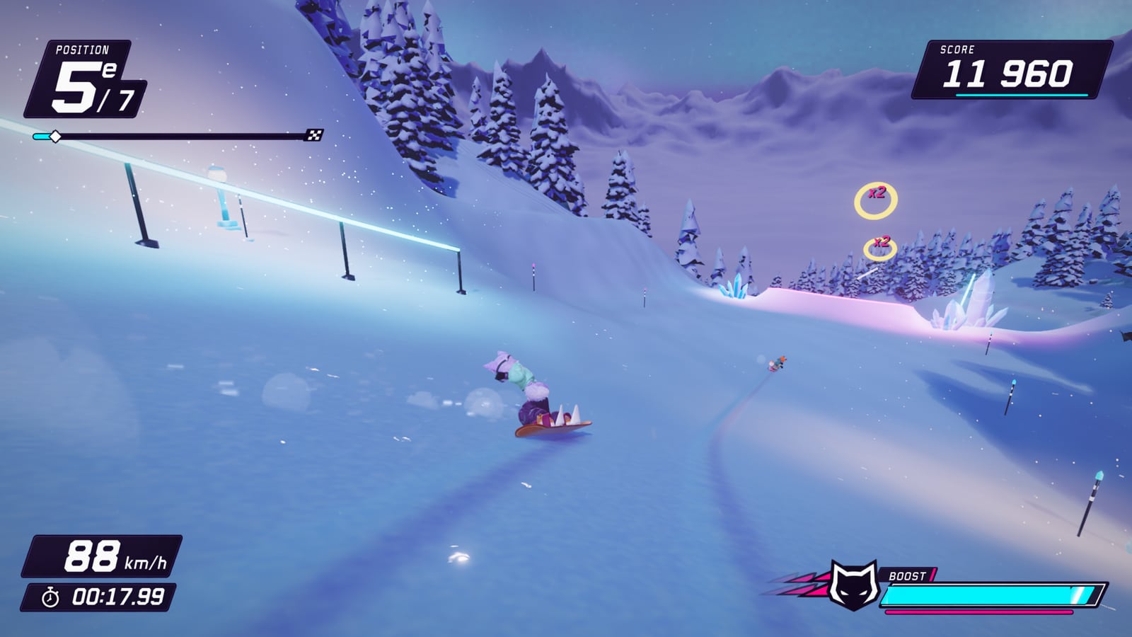 Course de snowboard dans Zoo Peaks : Riders, avec le classement et la jauge de boost à l’écran.